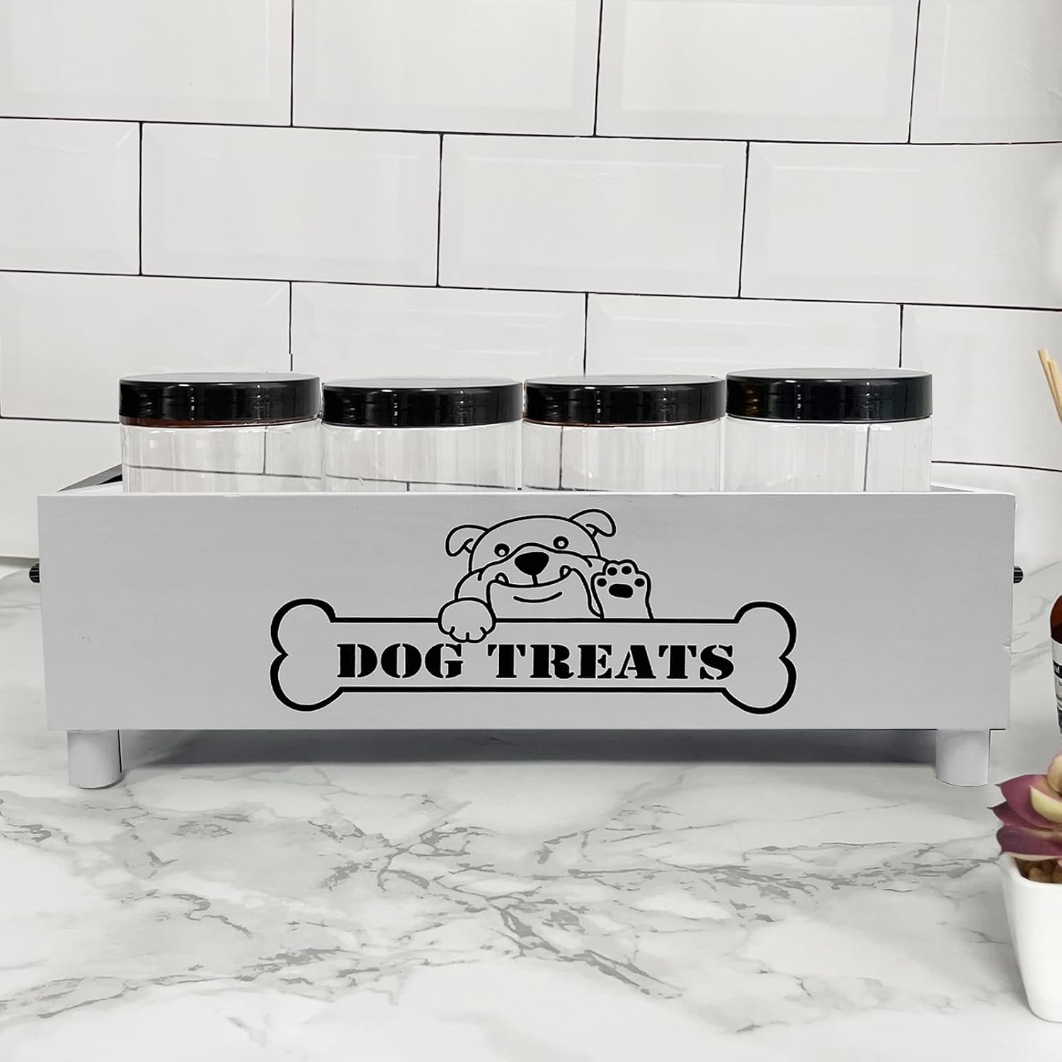 Large Dog Treats Container, Dog Cookie Jar for Dogs Cat Treats Container, Farmhouse Wood Pet Treats Storage Organizer for Dog Food Storage Container with 4 Jars, Cat Dog Treat Organizer(White) image 4
