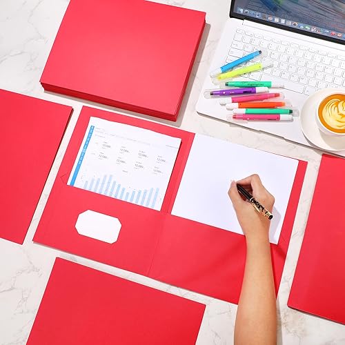 Miniatura 4 de Paquete de 75 carpetas portafolios de dos bolsillos a granel, carpetas de papel texturizado de 8.5 x 11 pulgadas con ranura para tarjetas de visita,