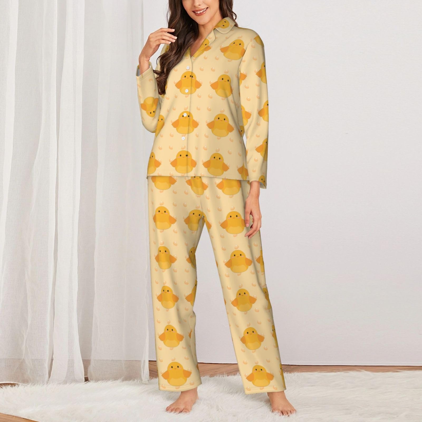 Pigiama da donna a maniche lunghe con stampa pulcino cartone animato a maniche lunghe abbottonato set disponibile in 5 taglie