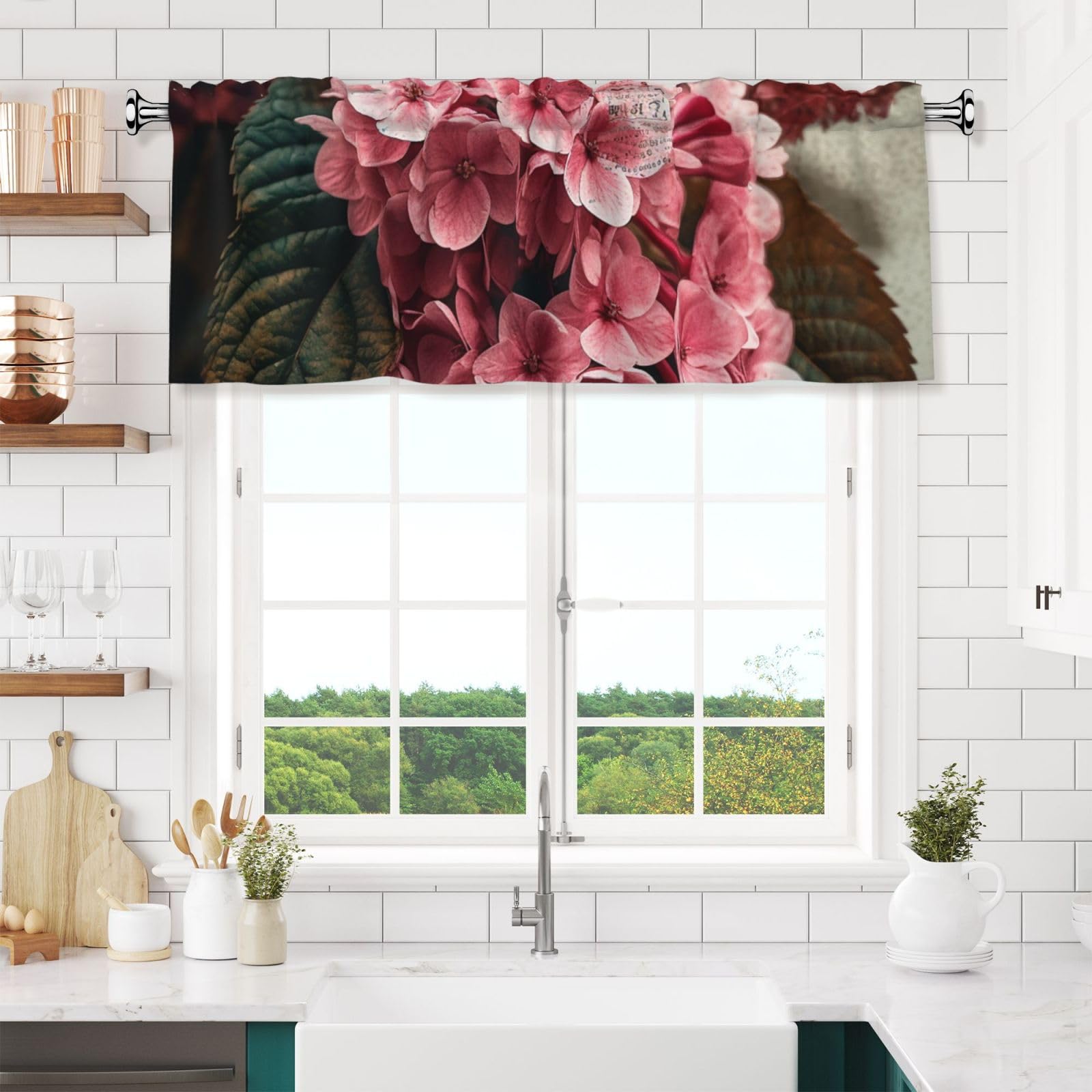 NONHAI Flowers Valances for Windows Short Curtains Rod Pocket Cafe Window Treatments Valance Curtains for Kitchen Bathroom Laundry Basement Windows 54x18inch Blackout Window Valance