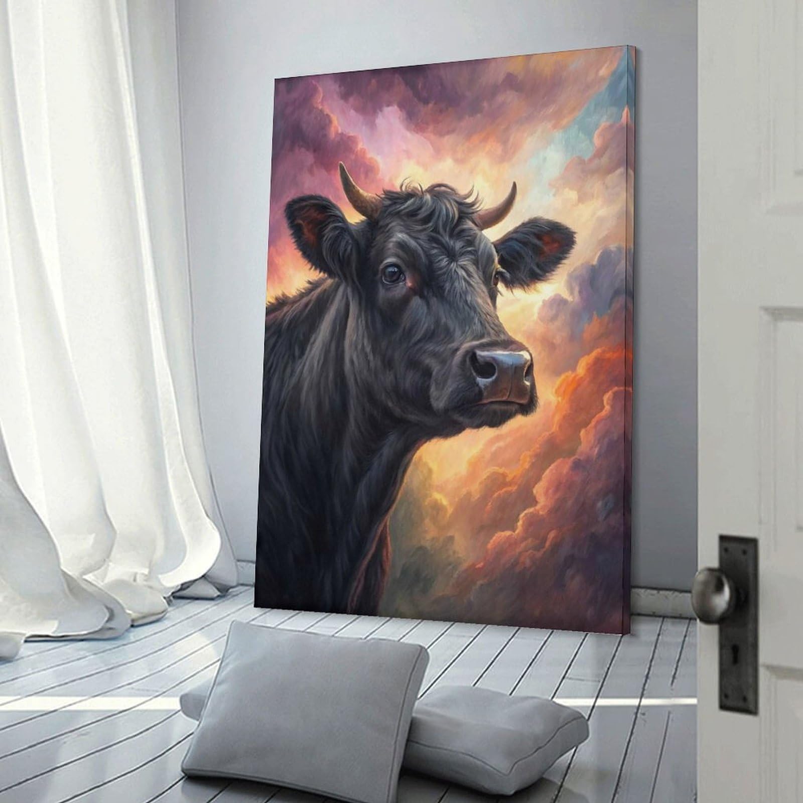 Junmoney Decorative Wall Artwork Black Cow in Dramatic Sky, 16x24inch(40x60cm), for Lounge, Bedroom Or Personal Spaces, Gift Idea for Housewarming And Birthdays