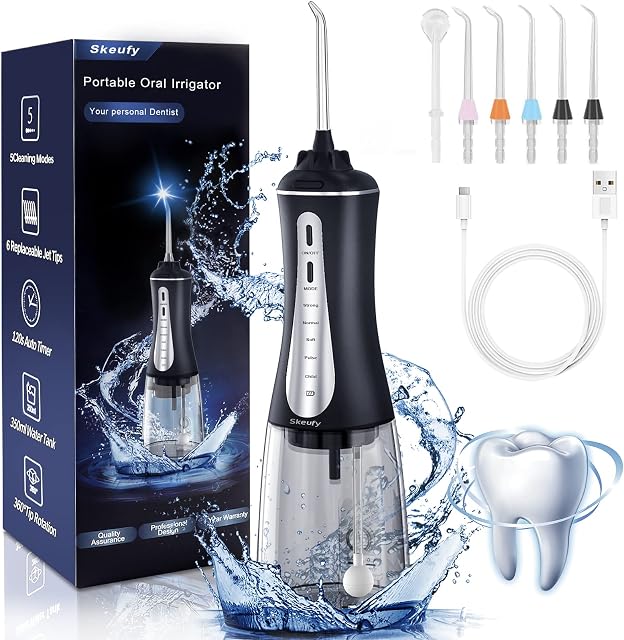 Skeufy Water Flossers for Teeth Cordless, Powerful Dental Water Flosser with 6 Jet Tips, Rechargeable Oral Irrigator, IPX7 Waterproof with 5 Modes, Portable 350ML Water Tank for Travel & Home Use