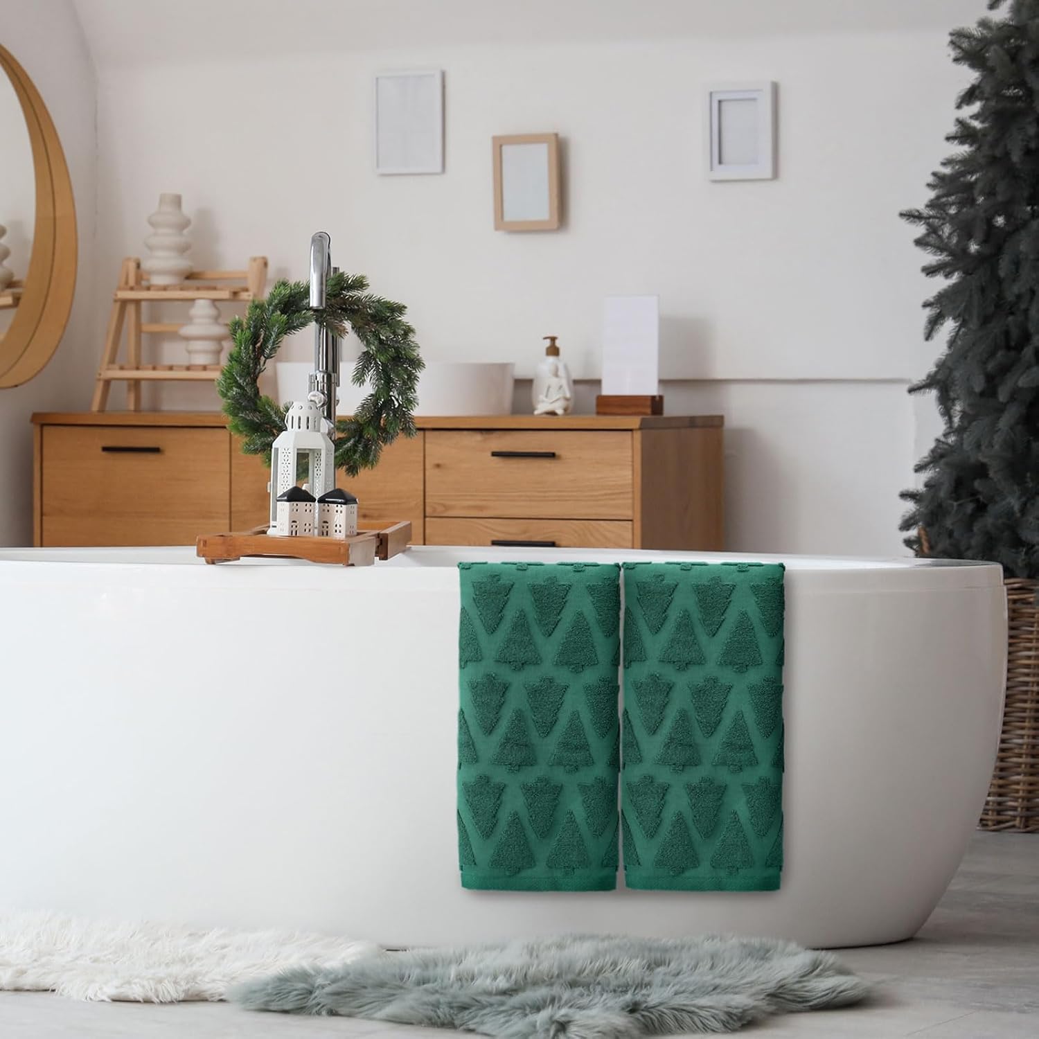 3 Pcs Dark Green Christmas Tree Hand Towels for Bathroom 100% Cotton Xmas Jacquard Decorative Bath Towels for Winter Modern Christmas Kitchen Decor Gift Spa Gym Sport, 13.8 x 29.5 - Image 5