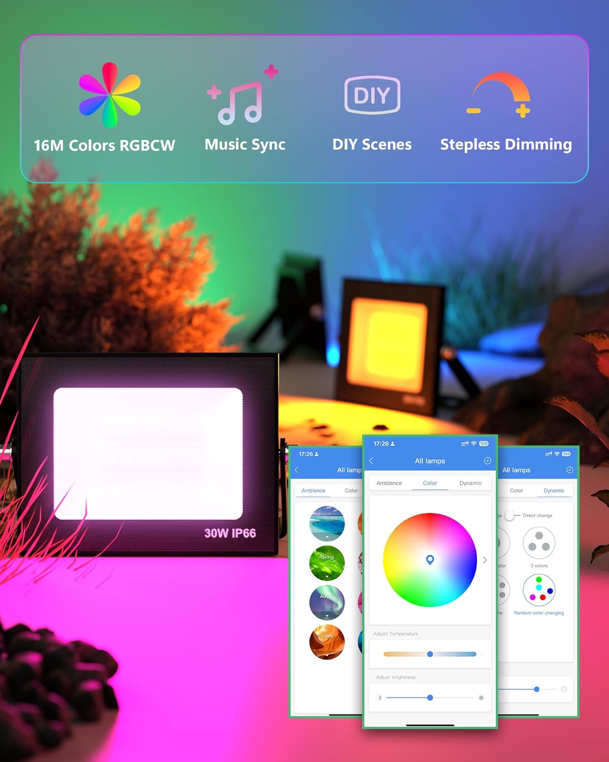 Smart Flood Light Outdoor, 30W App Controlled LED Flood Lights, RGB Color Changing & Dimmable, IP66 Waterproof Landscape Security Lighting, 2 Pack