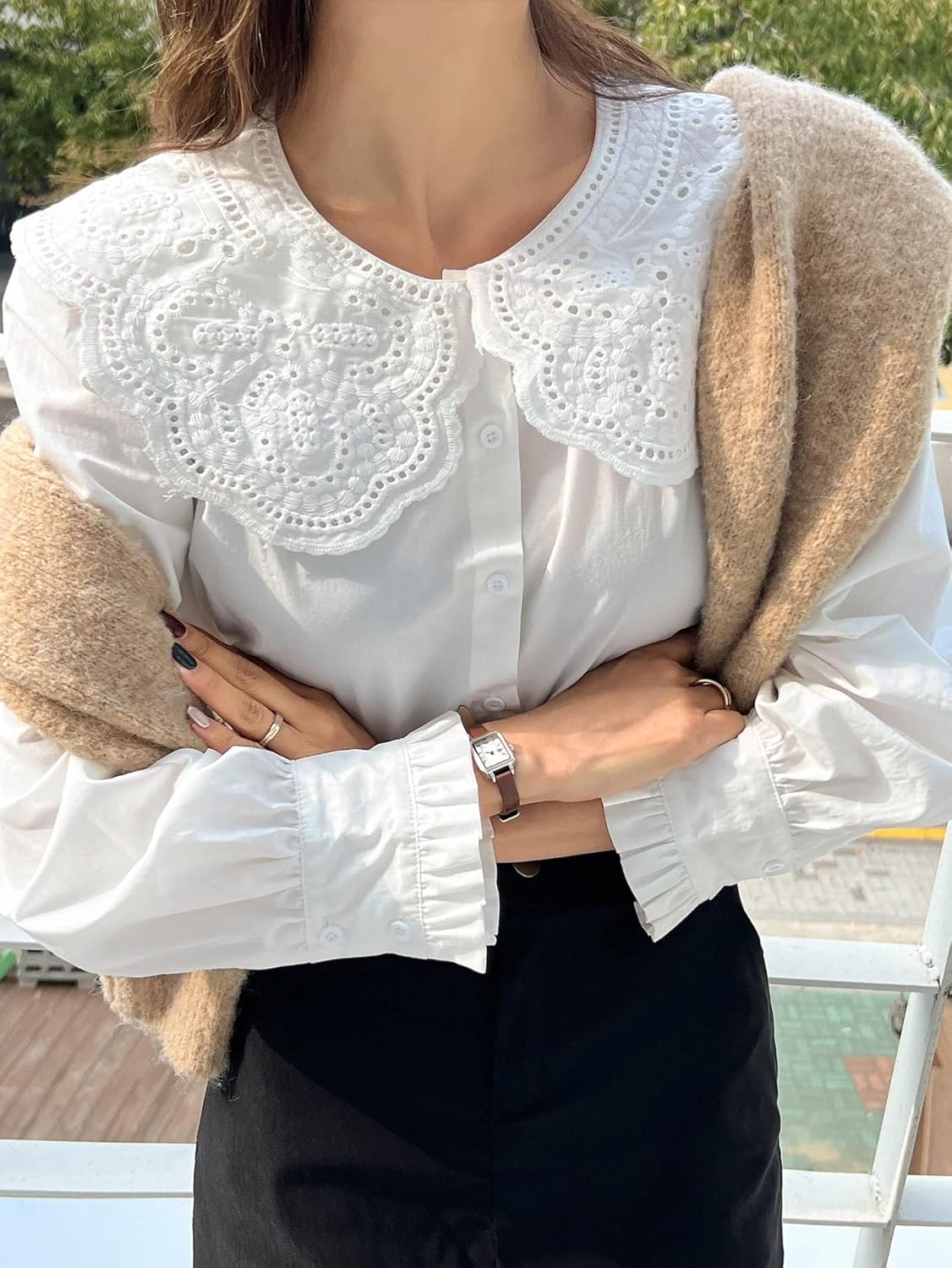Women's Classic-Fit Shirt Embroidery Collar Flounce Sleeve Blouse,Long Sleeve