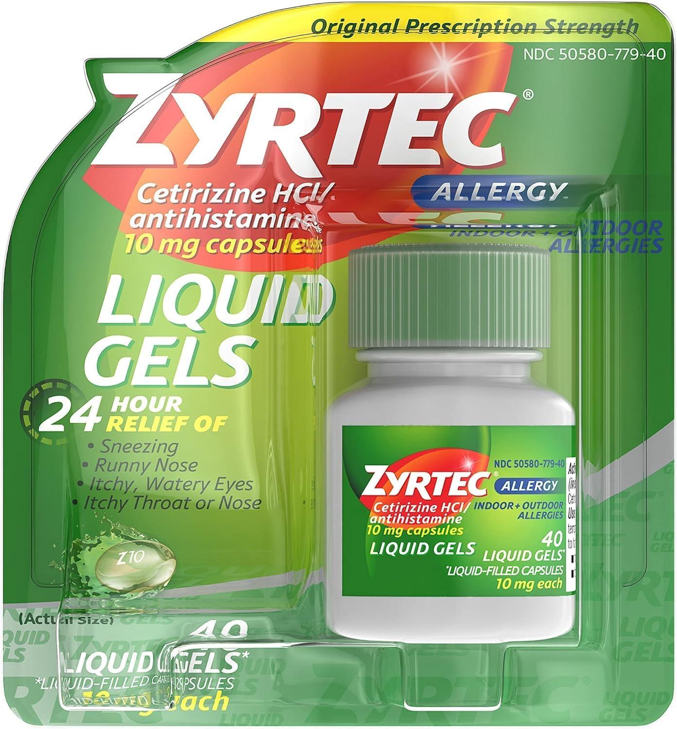 24 Hour Indoor & Outdoor Allergy Liquid Gels, Antihistamine Capsules with Cetirizine Hydrochloride for All-Day Allergy Relief, 40 ct ( Pack of 2)