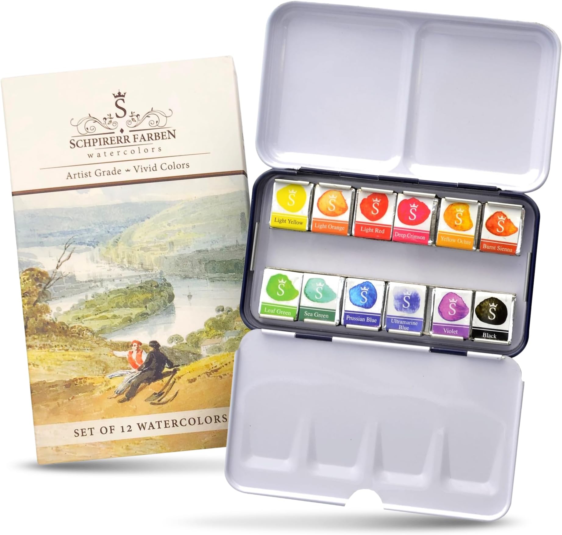 Watercolor Paint Set with Rich Pigment, Watercolor Set for Adults and Children, Portable Painter Palette in a Tin Box with a Metal Ring, 12 Vivid Colors
