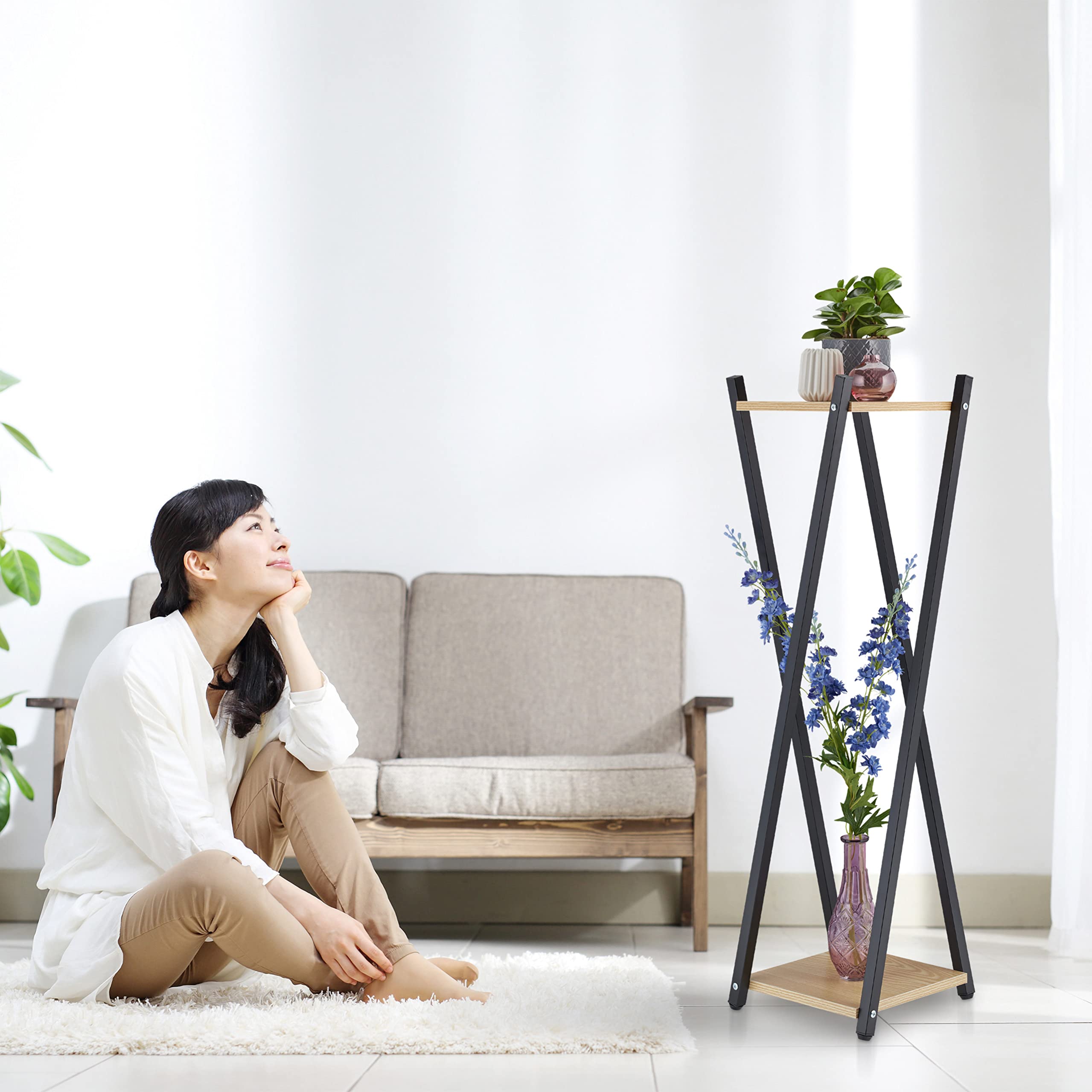 Relaxdays Étagère à Plantes, 2 Surfaces Effet Bois, Tabouret Moderne Fleur, HLP : 99x29x29 cm, Colonne, Noir-Brun Clair