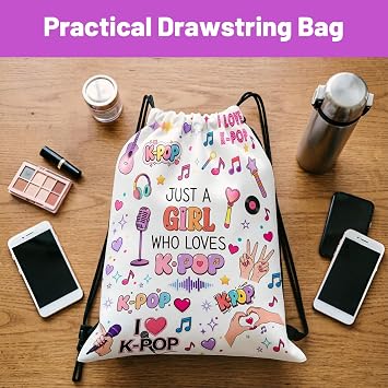 Kpop Drawstring Bag, Kpop Themed Drawstring Backpack for Girls Women, Music Girls Swimming Bag for School Sports Travel