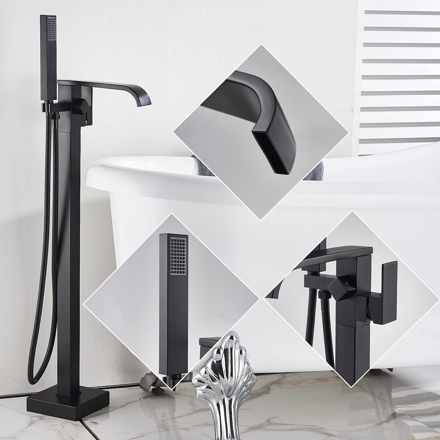 Product Deal Rozin Floor Mounted Bathtub Faucet Single Handle with Diverter 2 Way Tub Filler Shower Faucet Free Standing Bathroom Mixer Tap with Handheld Sprayer