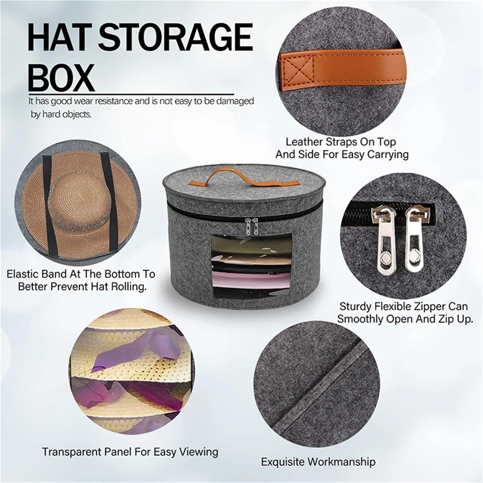 Hut Aufbewahrungsbox Fall Haushalt Runde Filz Lagerung Hüte Eimer Kleidung Organizer mit Reißverschluss Deckel Reisetaschen für Schrank oder Reise(Dark gray)