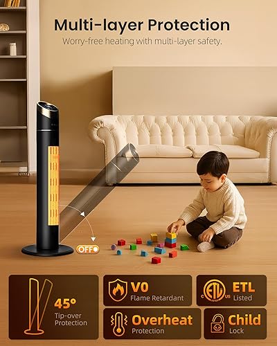 Miniatura 4 de Calentador de espacio para uso en interiores, calentador de espacio de 34 pulgadas para habitaciones grandes, calentador de torre de 1500 W con