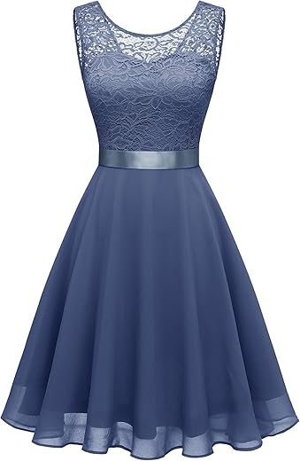 Berylove Cocktailkleid Damen Abendkleider Elegant für Hochzeit Kleid Hochzeitsgast Chiffon Ärmellos Spitzenkleid