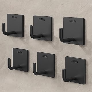 Adhesive Towel Hooks Heavy Duty Wall Hangers 6 Pack, Waterproof Stick-On Towel Holders for Bathroom, Kitchen, or Home Use, Stainless Steel Self-Adhesive Hooks for Hanging, Black