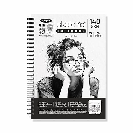 Anupam Sketch-O Sketchbook A5 | 50 Sheets 100 Pages | 140GSM | Durable Acid Free Drawing Paper |Side Spiral-Bound Sketchpad for Artists Kids & Professionals for Marker Colored Pencil Charcoal