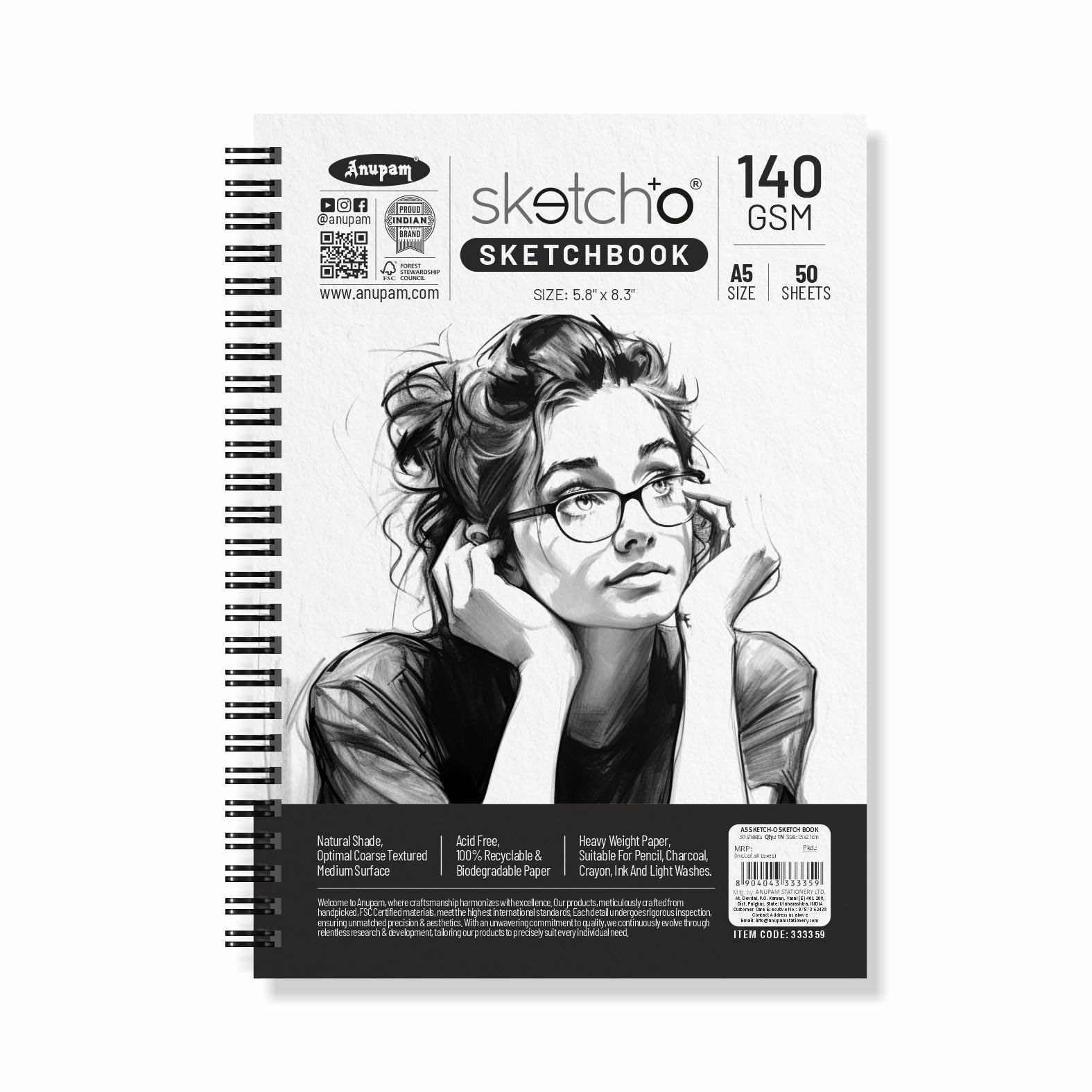 Anupam Sketch-O Sketchbook A5 | 50 Sheets 100 Pages | 140GSM | Durable Acid Free Drawing Paper |Side Spiral-Bound Sketchpad for Artists Kids & Professionals for Marker Colored Pencil Charcoal