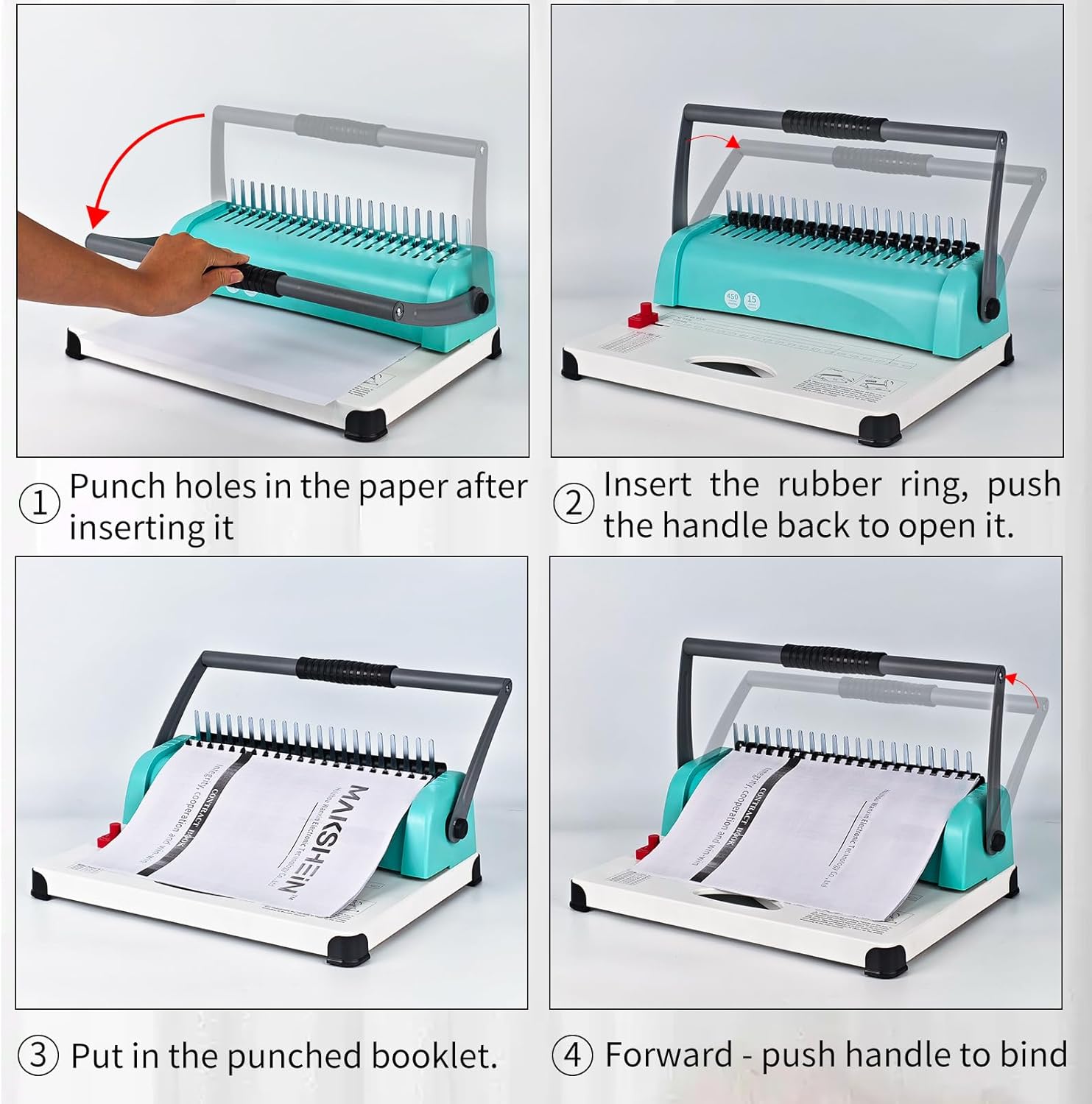 Comb Binding Machine, 21-Hole, 450 Sheets Capacity, Punch up to 15 Sheets, Punch Comb Binder Machines for Letter Size A5/A4 Paper with 100pcs 1/4" Binding Spines Double Handles