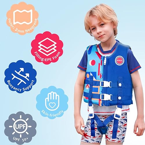 Miniatura 6 de Boglia Chaleco de natación para niños pequeños, chaqueta flotante para niños y niñas, traje de baño flotante con correa de seguridad ajustable para