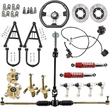 Go Kart Complete Front End Steering Assembly Steering Gear Rack Pinion Kit, Front Suspension, Swing Arm, Brake Caliper, 4 Lug Wheel Hubs, 270mm Front Shock for ATV UTV Golf Cart Buggy Drift Trike