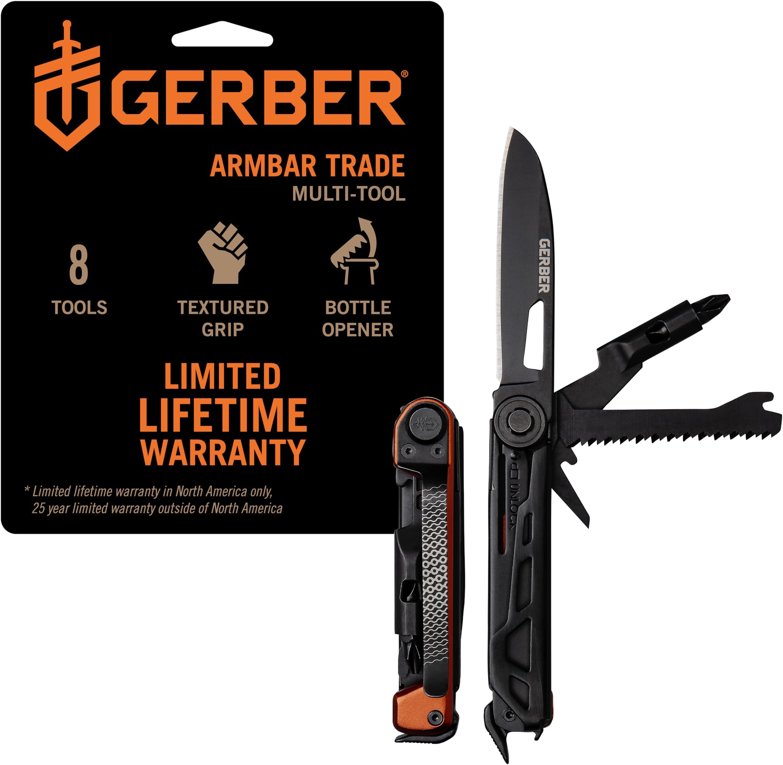 Gerber Gear Armbar Trade 8-in-1 Multi-tool - 2.5" Plain Edge Blade, Pry Bar, Hammer - EDC Gear and Equipment - Burnt Orange