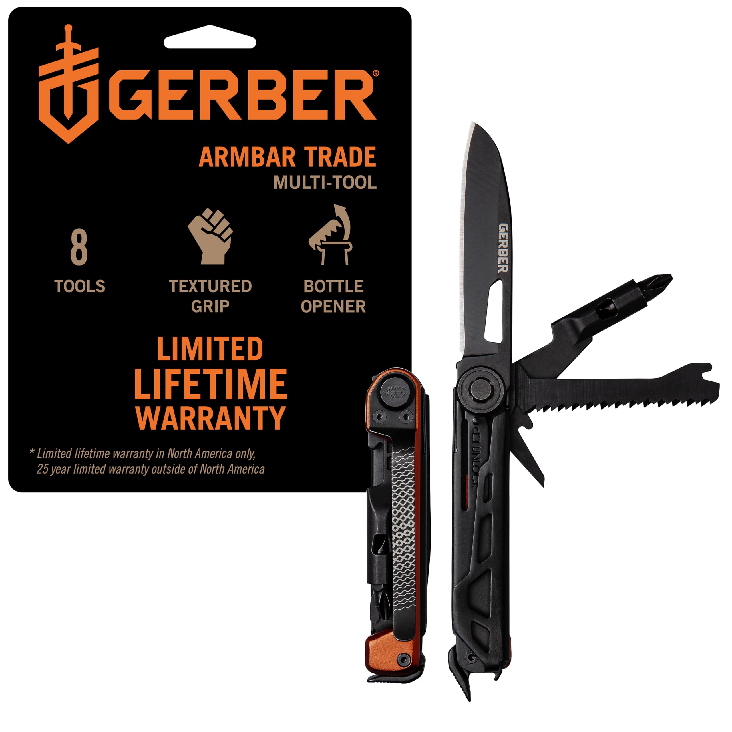 GerberGerber Gear Armbar Trade 8-in-1 Pocket Knife EDC Multitool with Blade, Pry Bar, and Hammer for Camping, Burnt Orange