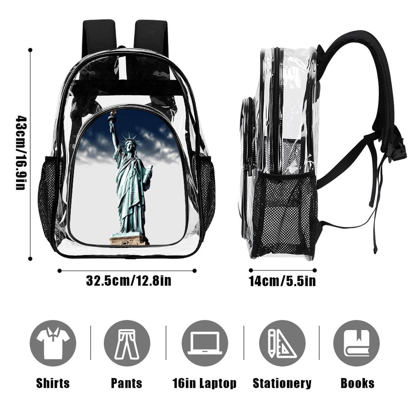 Transparenter Rucksack mit Freiheitsstatue, groß, transparent, PVC, Büchertasche für Sicherheit, Arbeit, Reisen, Stadion