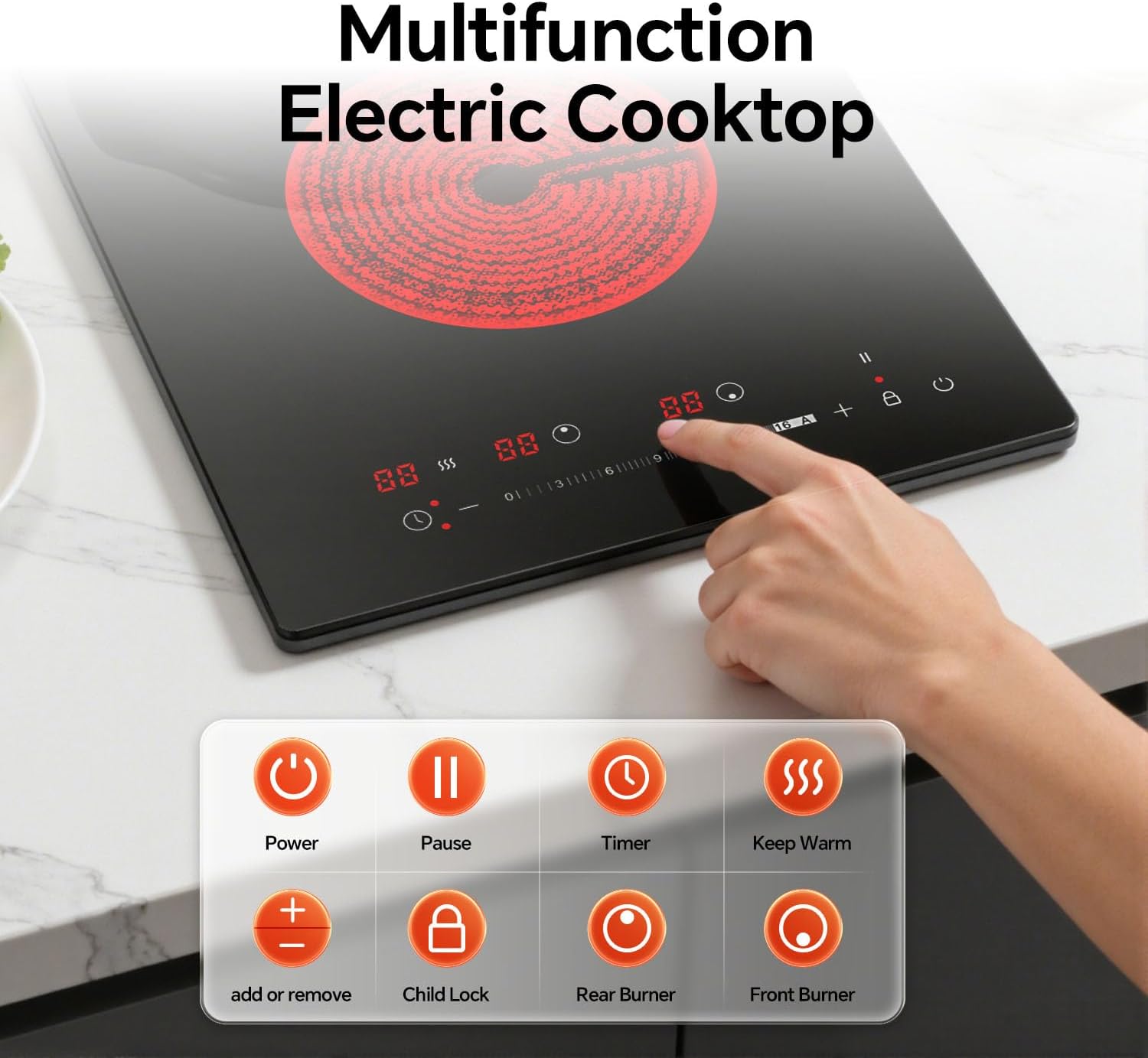 12 Inch Built-in Electric Ceramic Cooktop 3000W 240V Double Burner, ETL Certified Electric Stove with Touch Control, LED Display, 16 Power Levels, Timer, Glass Cooktop for All Cookware