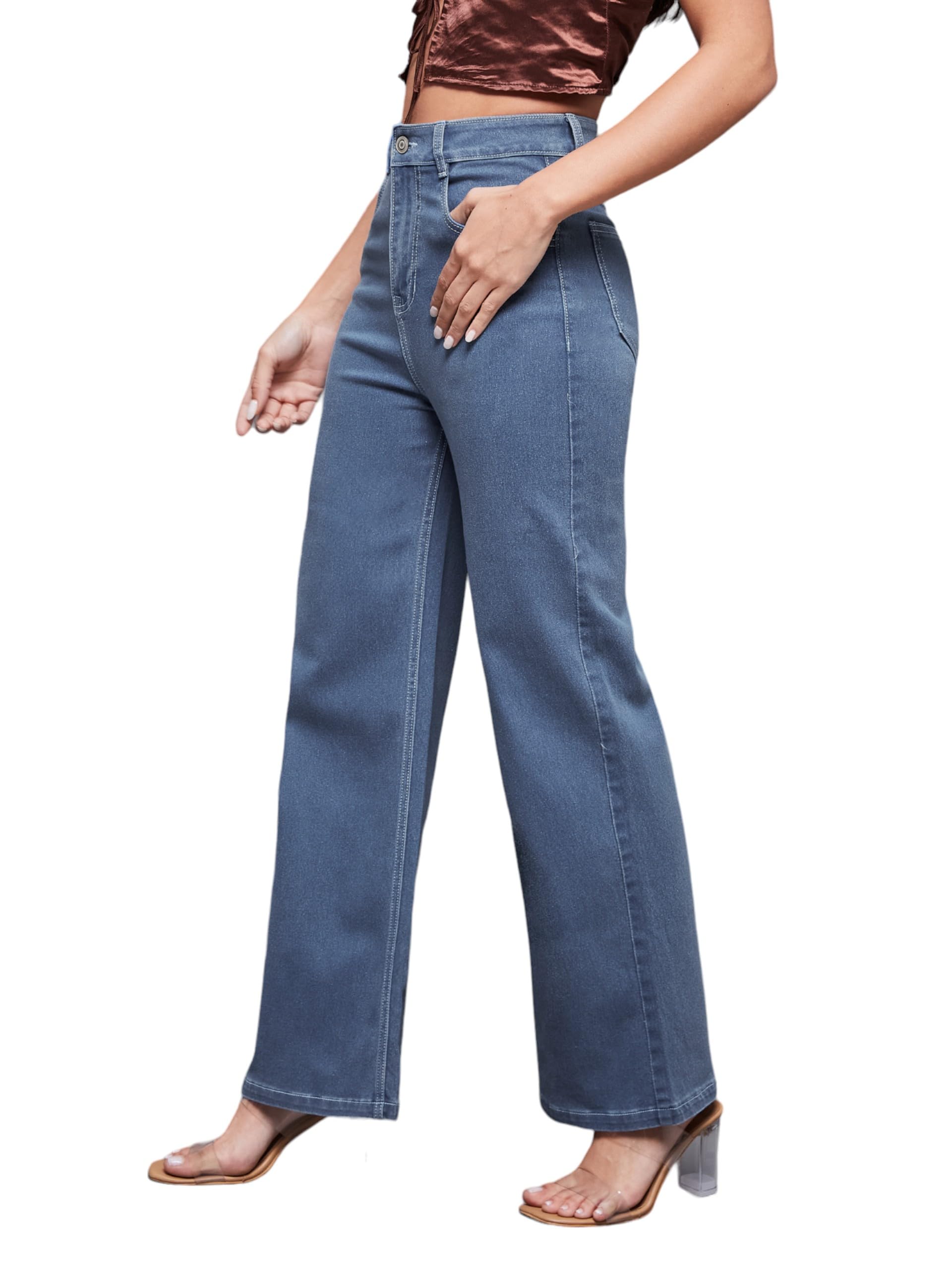 Women's Wide Leg High Rise Regular Length Stretchable Denim Jeans (Plus Size) (MCSS24DEN79-02-352-28, French Blue, 28)-image-31