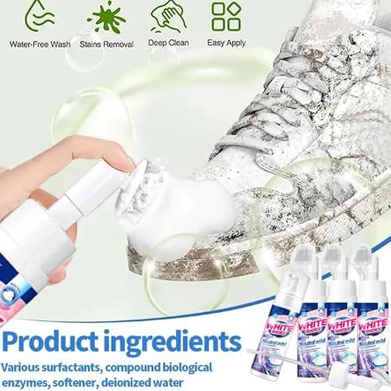 Foam No-Rinse Cleaner Instantly Brightens & Whitens Shoes, Foam No-Rinse Shoe Cleanerinstant Shine, Zero Water Needed, Water-Free FoamSneaker Cleaner, Suede, Boot, Canvas, PU (2)