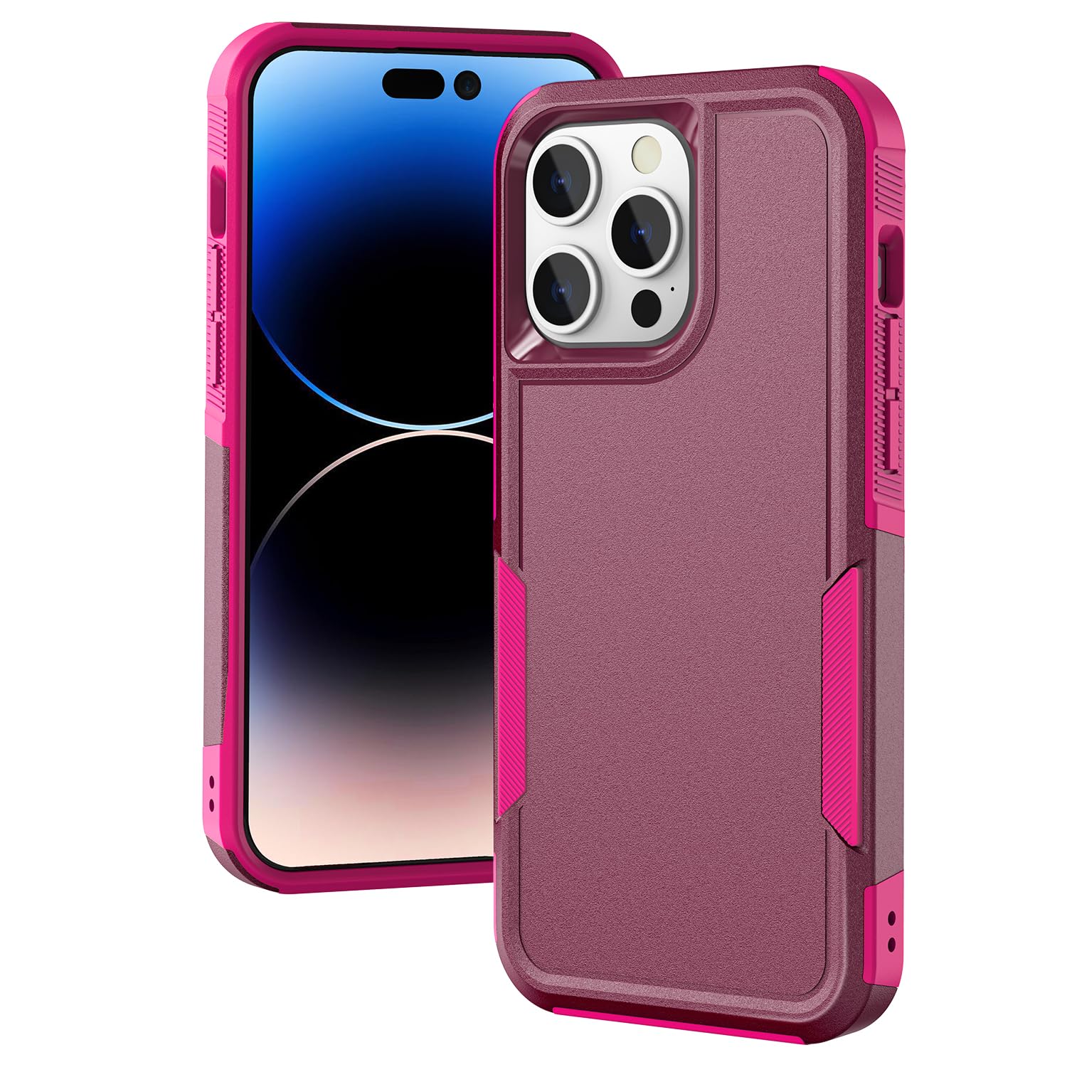 MAXCURYfor iPhone 15 Pro Max Case, Heavy Duty Shockproof Dual Layer Rugged Full-Body Protective Phone Cover, 2 in 1 Slim Fit Silicone Rubber iPhone Case for Men & Women (Wine/Crimson)