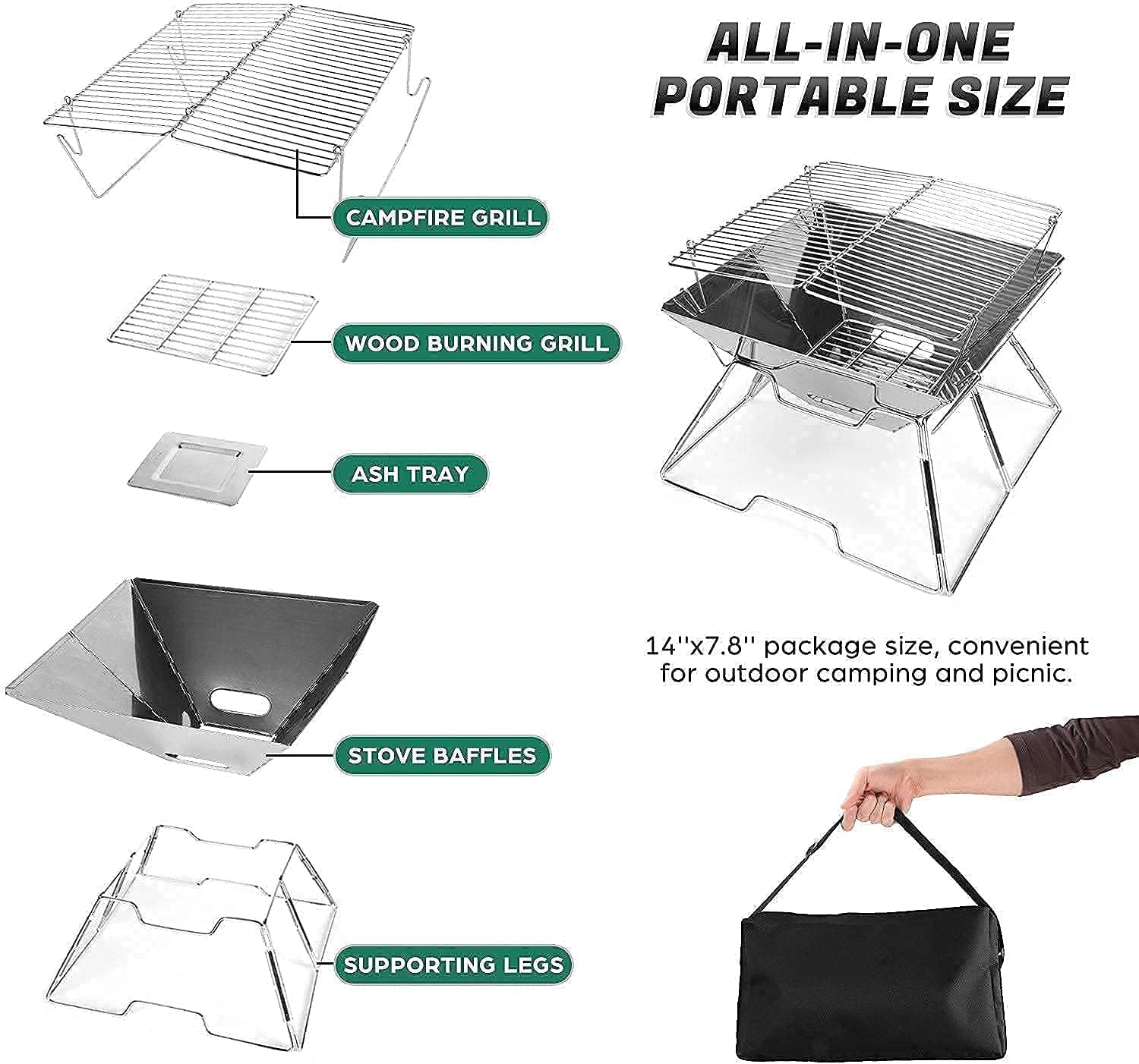 Odoland Bundle – 2 Items 9pcs Camping Cookware Kit and Folding Campfire Grill, Camping Fire Pit, Outdoor Wood Stove Burner, 304 Premium Stainless Steel for Outdoor Backpacking Hiking BBQ