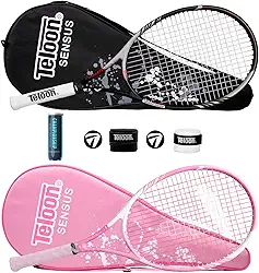 Teloon Raquete de tênis para adultos, 2 peças recreativas - raquete de tênis de 68,5 cm para homens e mulheres, estudantes universitários iniciantes, raquete de tênis (preto-rosa)