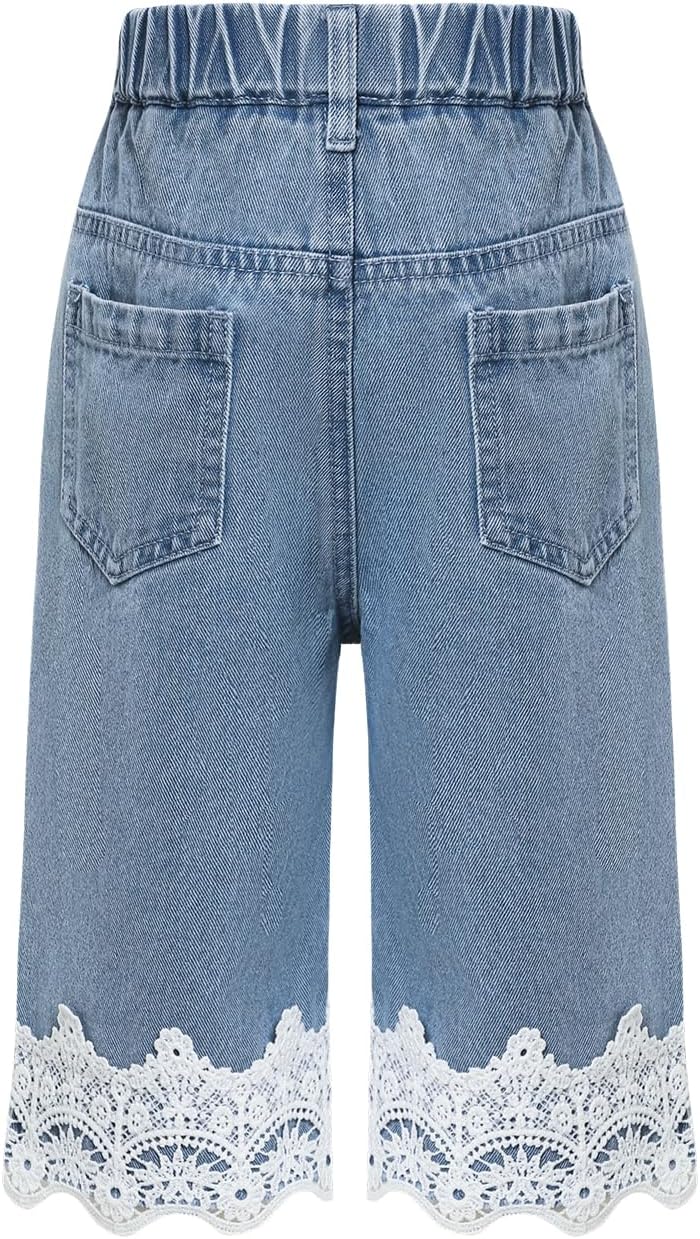 Girls Elastic Waist Straight Jeans Blue Baggy Wide Leg Denim Pants
