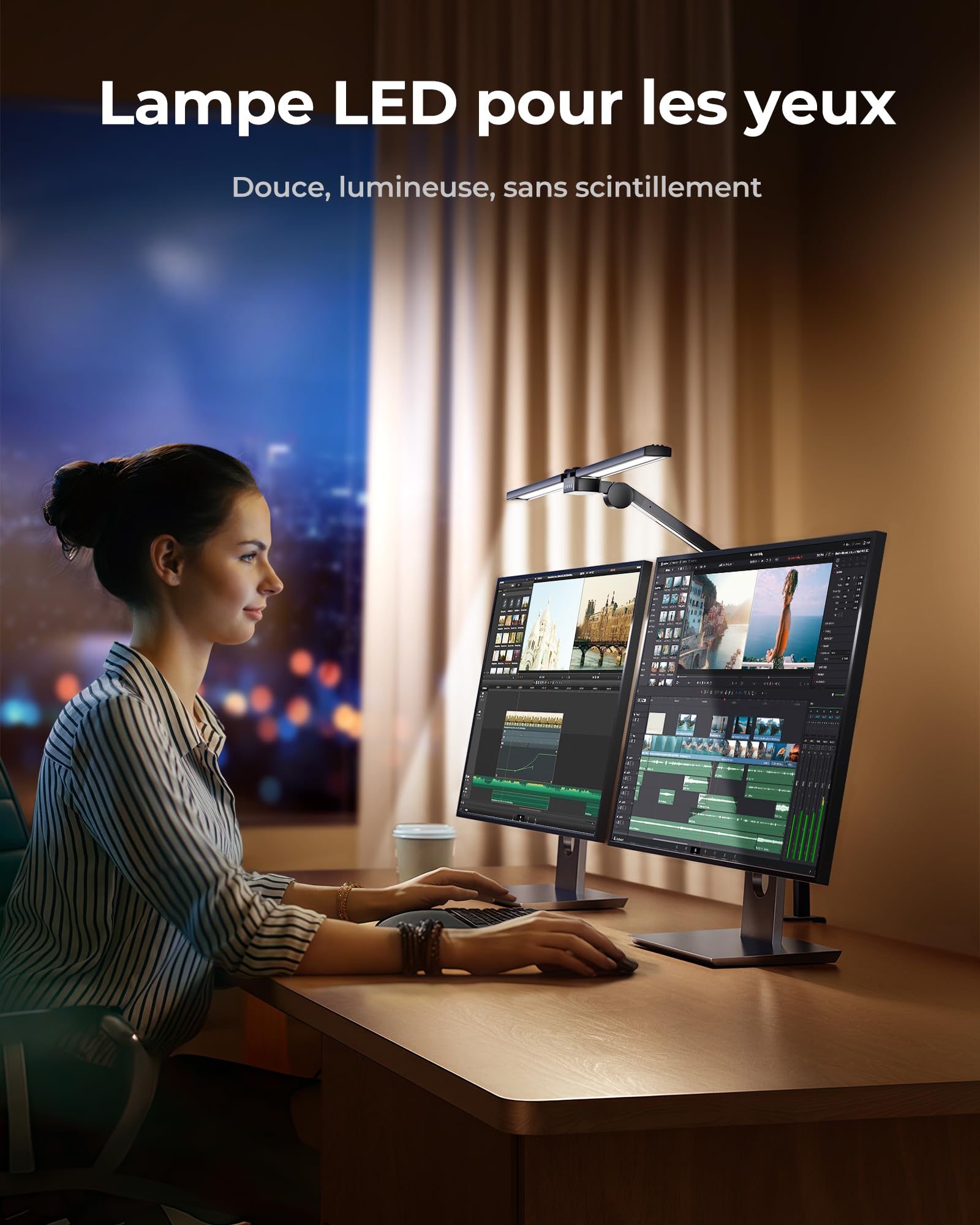 NGTeco Lampe de bureau LED 39,3" avec 3 barres lumineuses, bras articulé réglable, 24W 1500LM ultra-lumineuse, télécommande, idéale pour bureau, travail et étude
