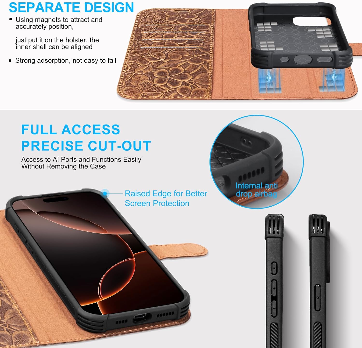 Genuine Leather Wallet Case for iPhone 16 Pro Max | 2-in-1 Magnetic Detachable Flip Folio Cover with Card Slots, RFID Blocking, Shockproof Protection & Wireless Charging, Brown