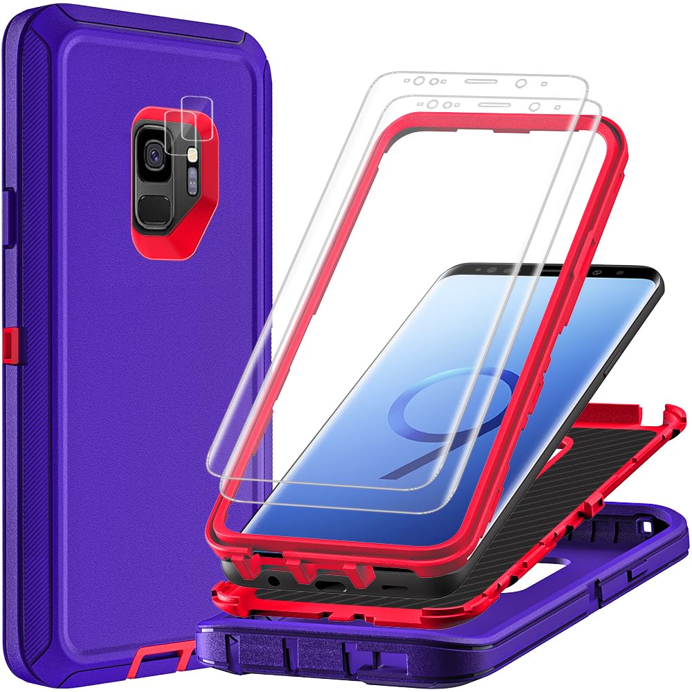 TFDSEUGH for Samsung Galaxy S9 Case with 2Pcs Self Healing Flexible TPU Screen Protector & Camera Lens Protector, 3 in 1 Heavy Duty Shockproof/Drop