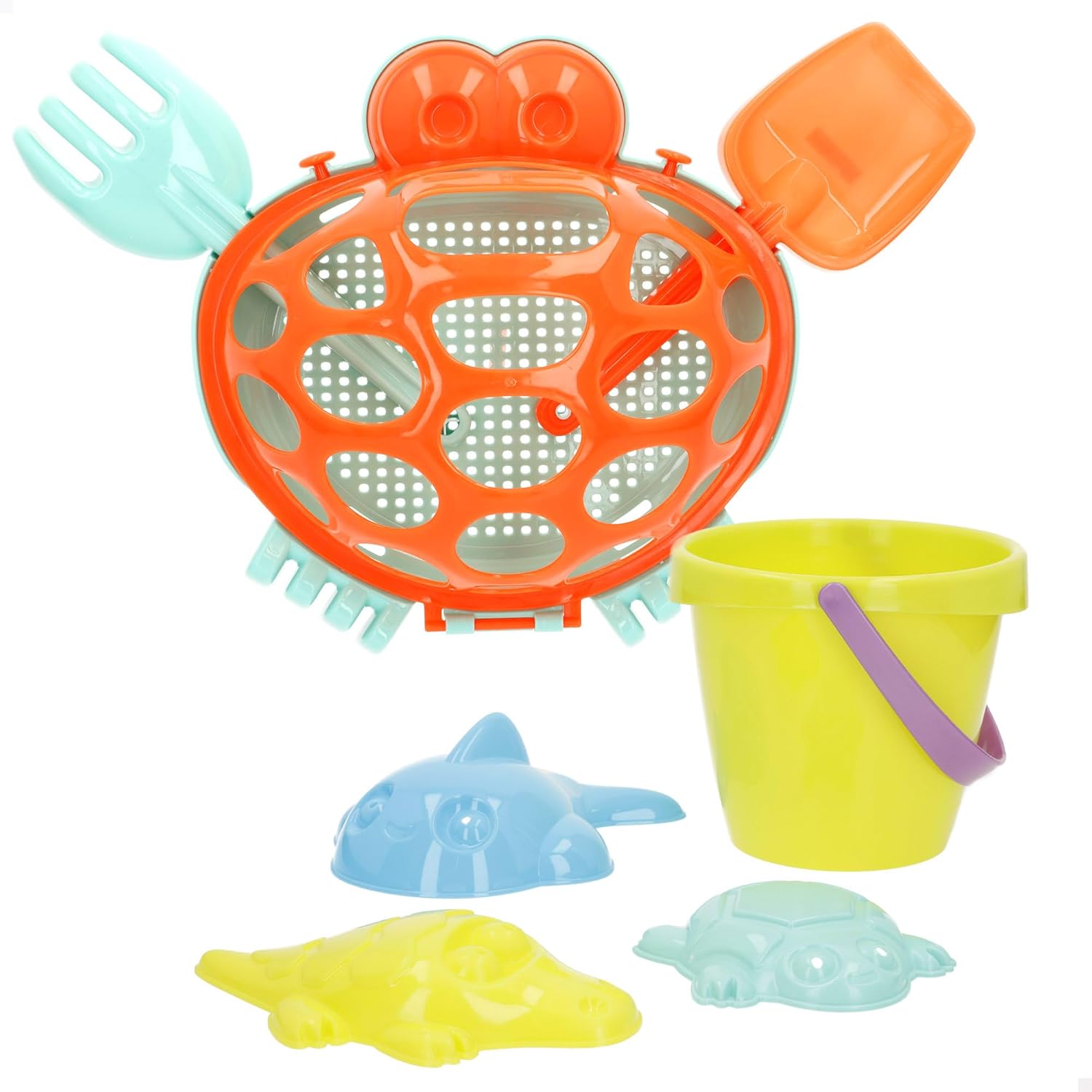 ColorBaby Color Beach Crab Beach Set, 5.5" Bucket with Shovels, Rake and Sea Animal Molds, Storage Net with Handle, Optimal for Sand and Park (47700)