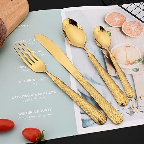 Miniatura 40 de JASHII Rainbow - Juego de 16 cubiertos martillados de acero inoxidable 304 para 4, con orejas de trigo con mango plano en relieve, pulido espejo