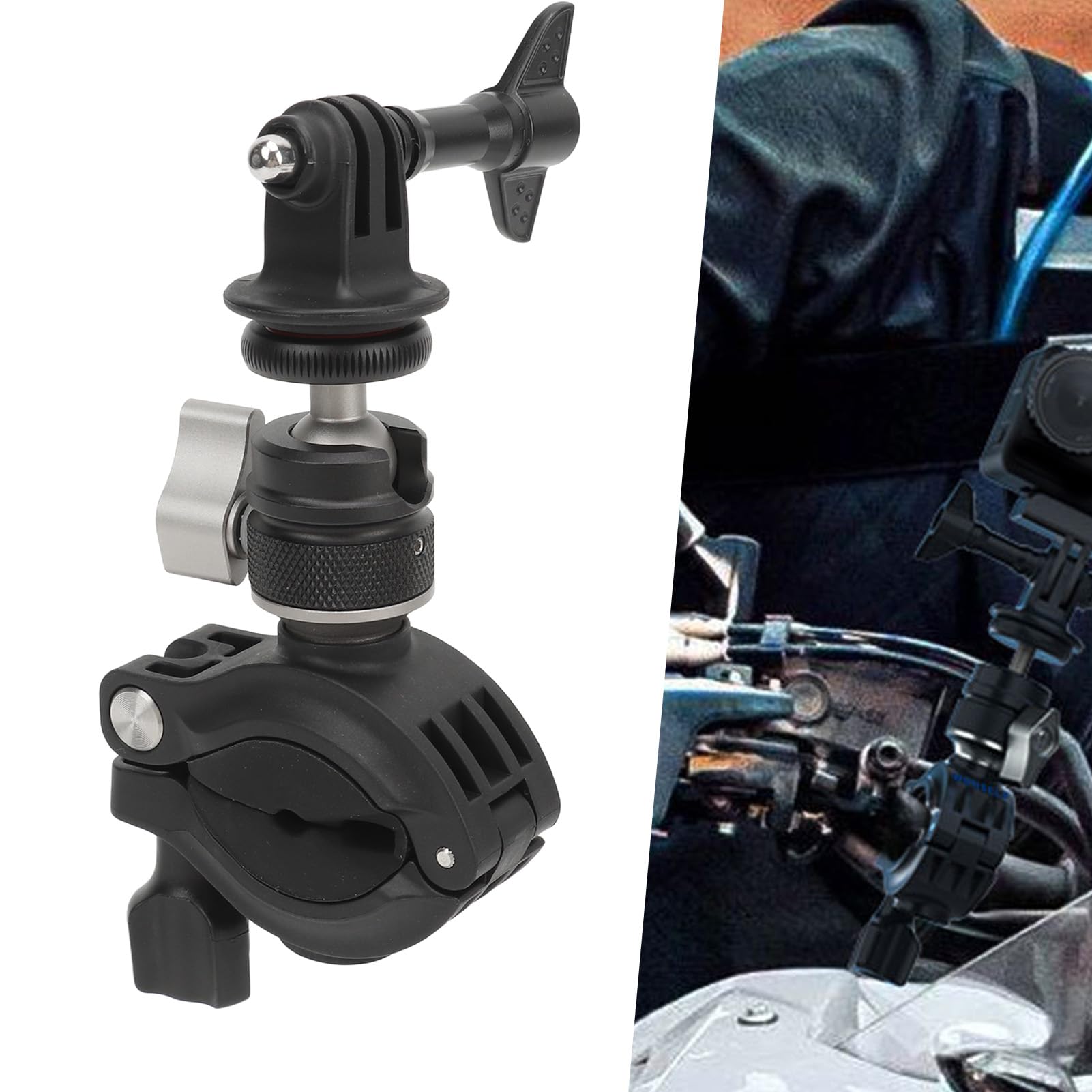 Abrazadera de Montaje para Cámara de Motocicleta, Rotación de 360°, Antivibración con Adaptador de 1/4 de Pulgada, Lente Estabilizadora, Arandelas Extraíbles, Bloqueo de Tornillo