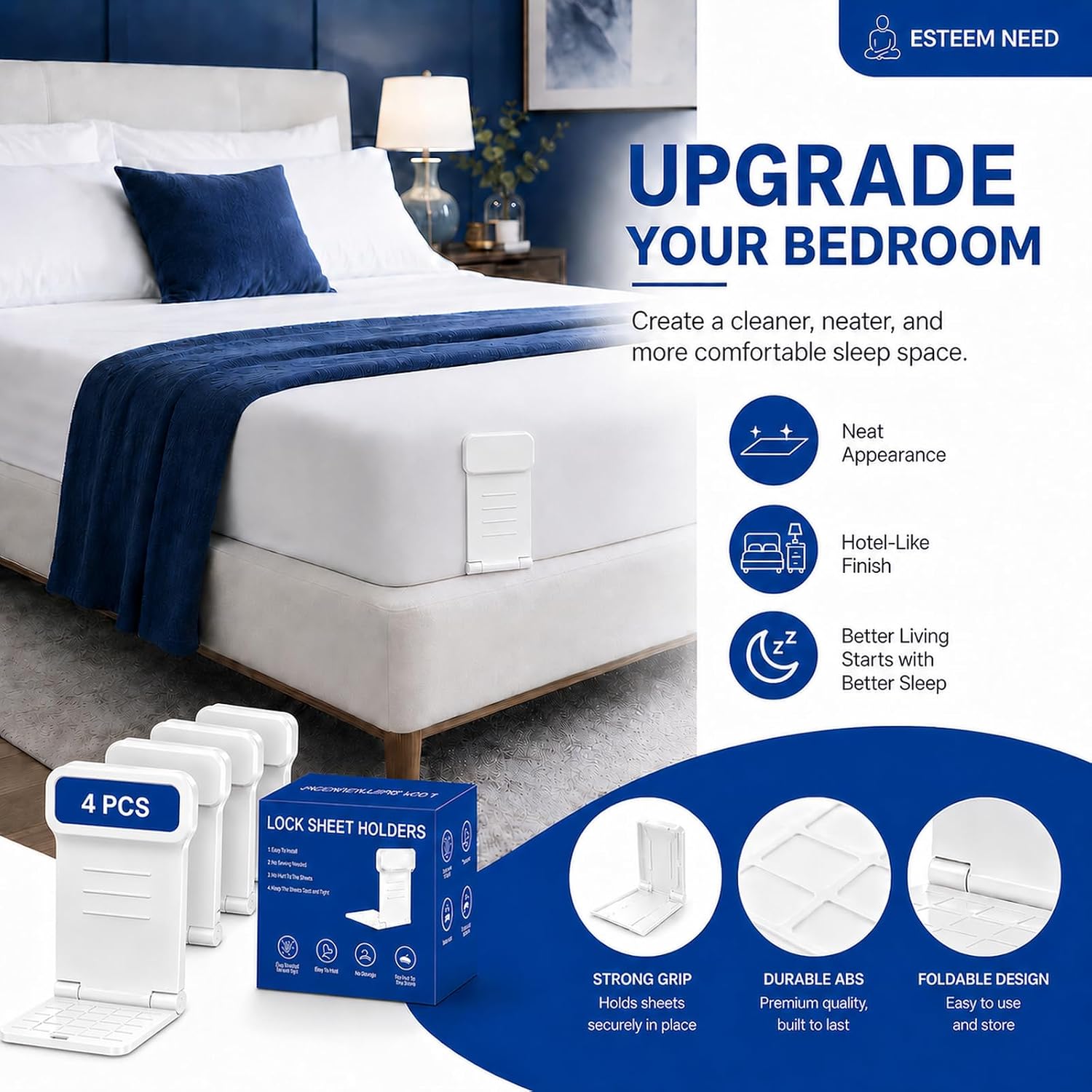 4-Pack Bed Sheet Holders, No-Metal Locking Corner Grippers