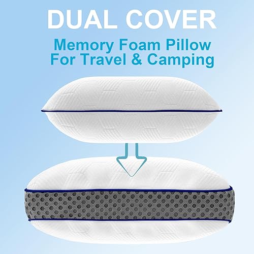 Miniatura 2 de BlazeBeam Almohada de campamento de doble funda de espuma viscoelástica para viajes con extensor de altura, 5 capas de apoyo firme, almohada de