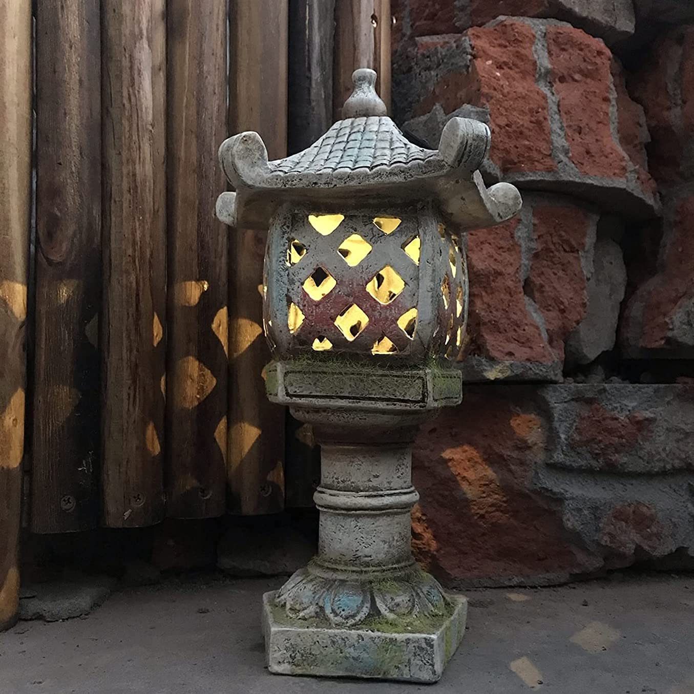 Solarny ogród japoński styl pagoda latarnia statuetka, zasilany energią słoneczną żywica rzeźba zewnętrzna lampa ogrodowa, na patio, trawnik, 30 cm wys