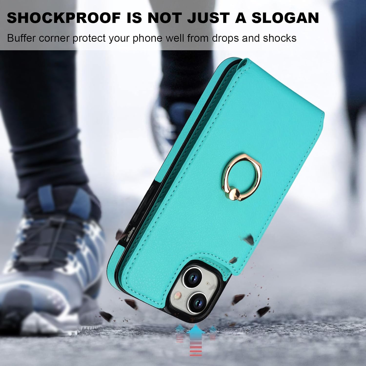 Folosu Compatible with iPhone 15 Case Wallet with Card Holder, 360°Rotation Finger Ring Holder Kickstand, RFID Blocking Leather Protective Double Buttons Shockproof Cover 6.1 Inch Green