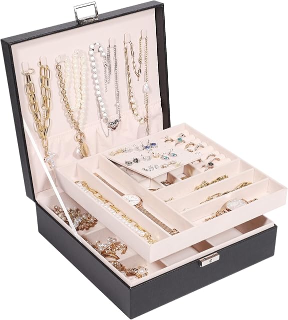 Allinside Spacious Jewellery Box Organizer for Girls Ladies Women, 2 Layers PU Leather Jewellery Display Storage Case with Lock for earrings necklaces, Velvet Lining, Black