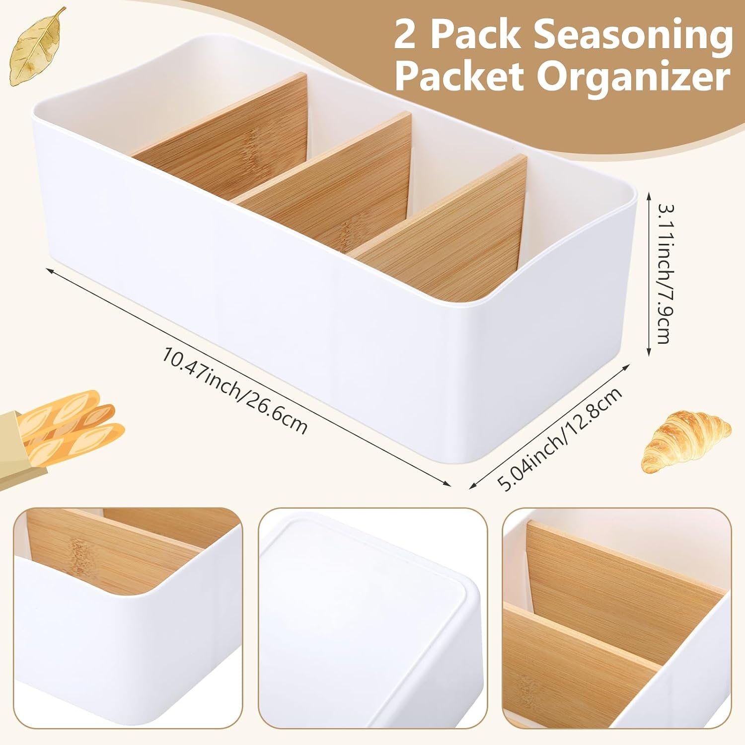 2 Pack Seasoning Packet Organizer Spice Storage Organizer & 3 Bamboo Wood Dividers Plastic Bins Caddy Pantry Cabinet Kitchen Organization for Snacks Pouches Tea Bags Medicine and More(White)