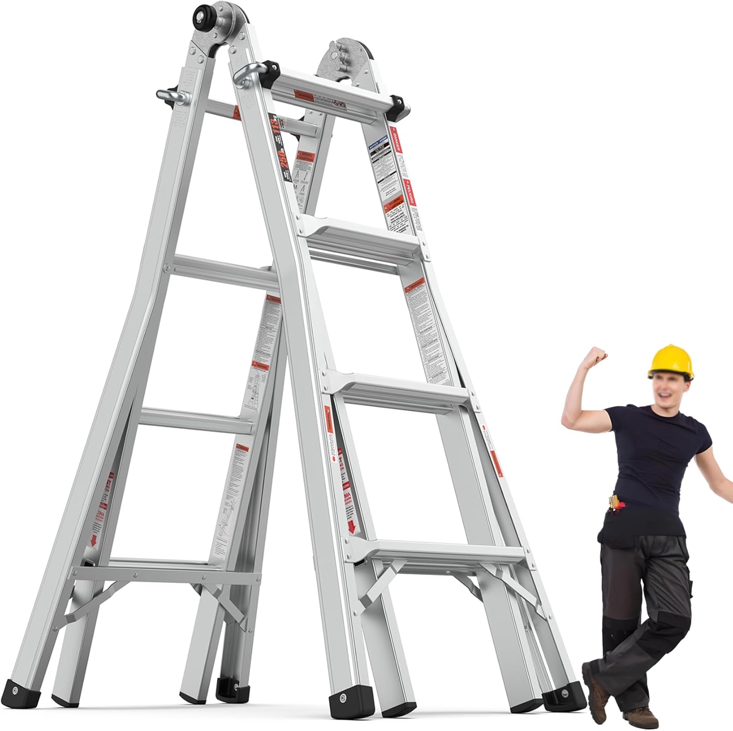 22FT Aluminum Multi-Position Foldable Ladder, 5-in-1 Extension Ladder with Wide Anti-Slip Steps & Secure Hinge Locks for Home Indoor Outdoor, 300 lbs Load Capacity (17FT)
