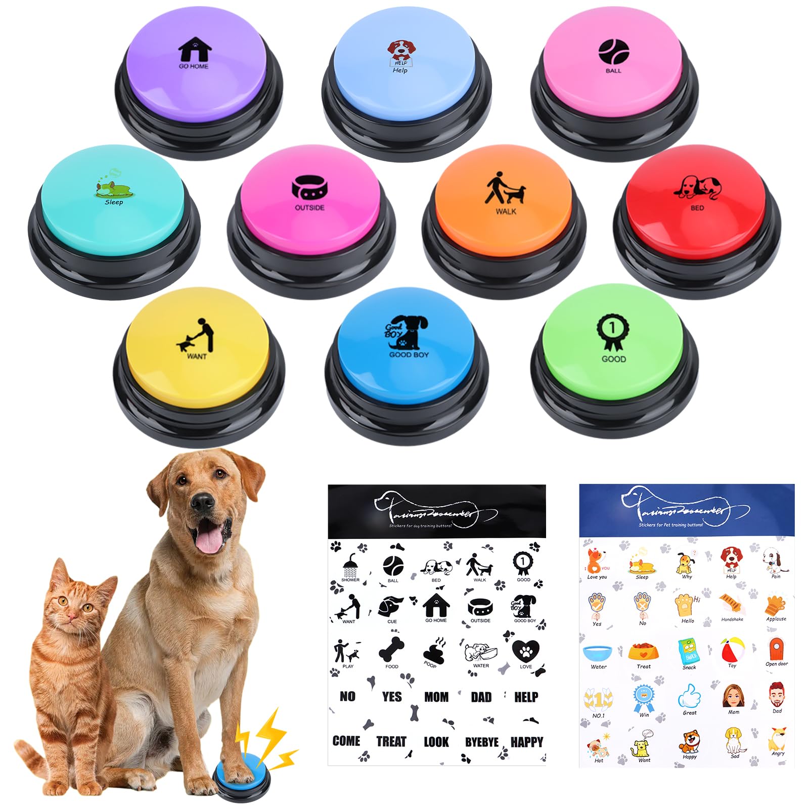 Buzzer Chien, Lot de 10 Boutons de Communication pour Chien, avec 2 Autocollants, Buzzer Enregistrable pour Interagir avec Les Chiens