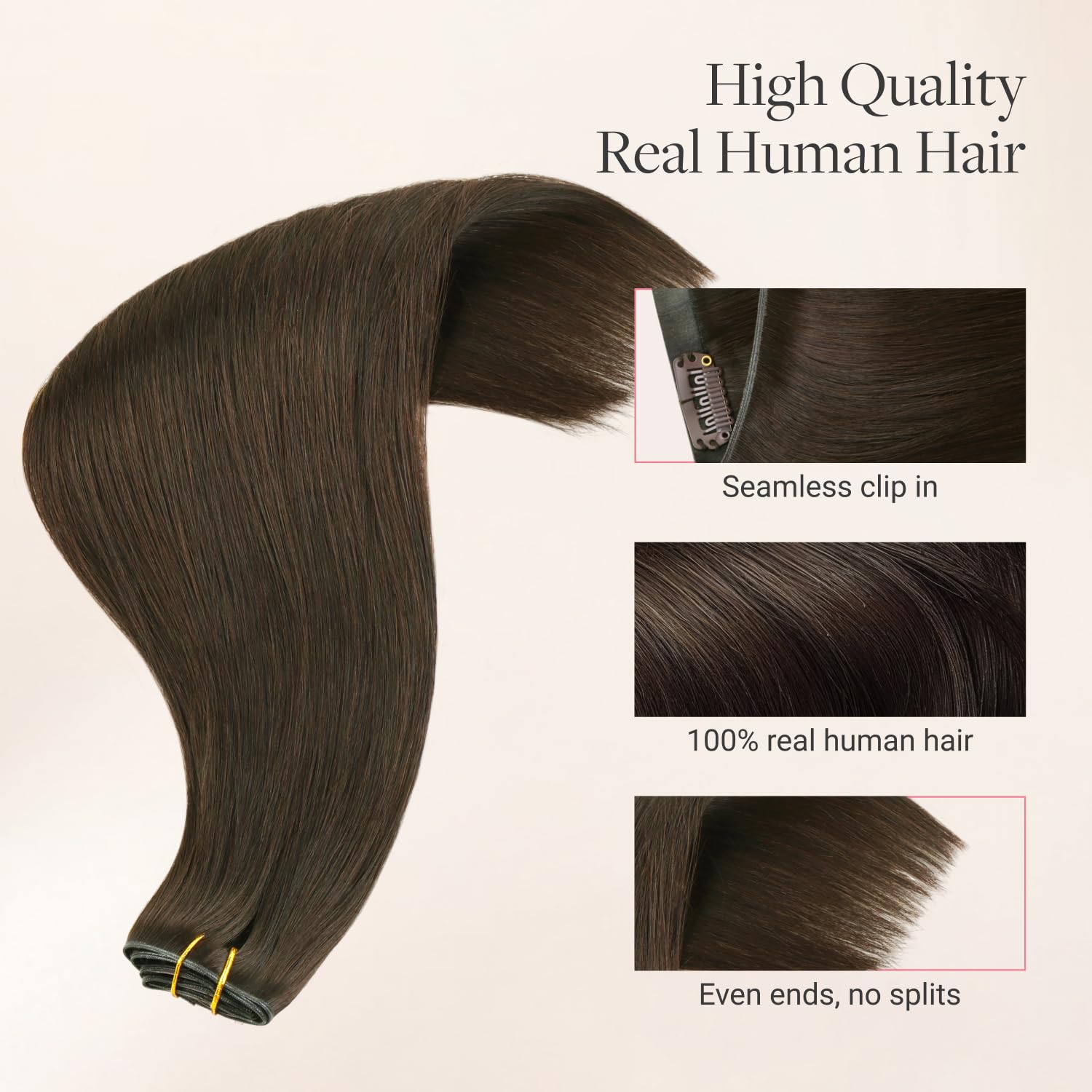 GOO GOO Genius Clip in Hair Extensions, 18inch 120g 7pcs, Seamless PU Clip in Hair Extensions, Virgin Real Human Hair, #4A Chocolate Brown