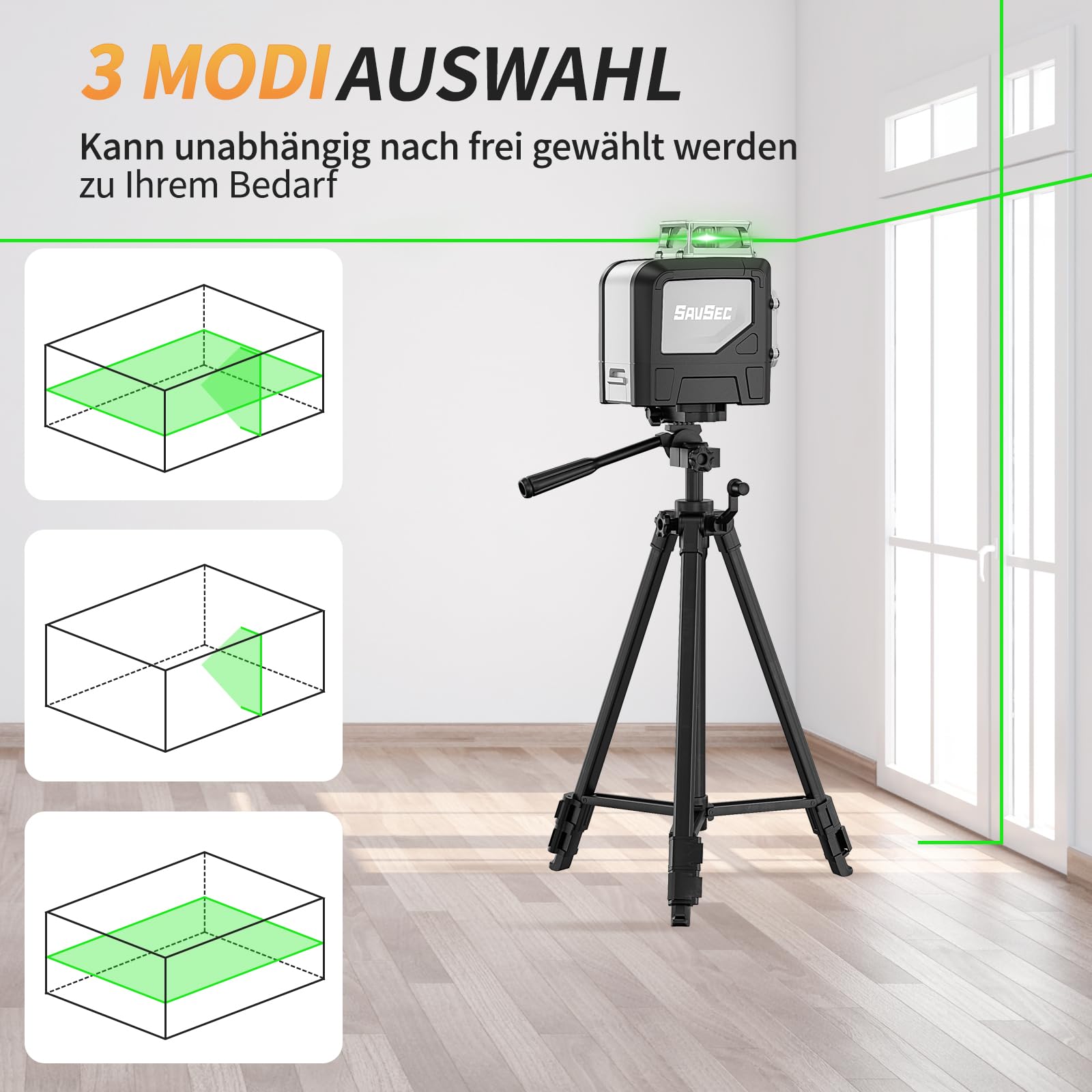 Niveau à bulle laser SAVSEC vert, 1 × 360° Laser en croix auto-nivelant, 5 lignes 45 m Niveau à bulle laser en croix avec mode manuel, automatique et impulsion pour chantier de construction intérieur