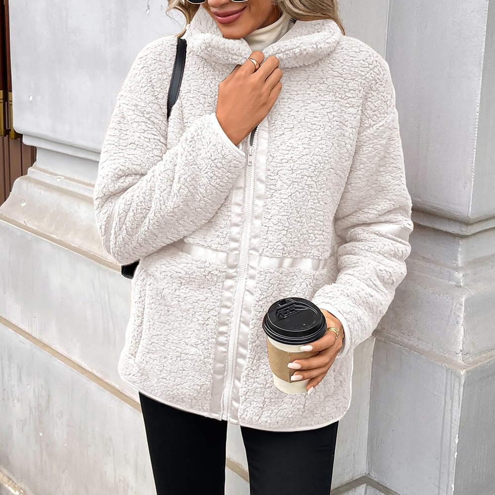 Women's Fleece Zip Up Sherpa Jacket Casual Stand Collar Patchwork Quilted Teddy Coat with Pockets - Image 3